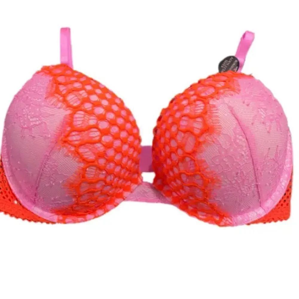 Victoria’s Secret Bombshell Plunge padded adds 2 cups lace bra pink orange 32D